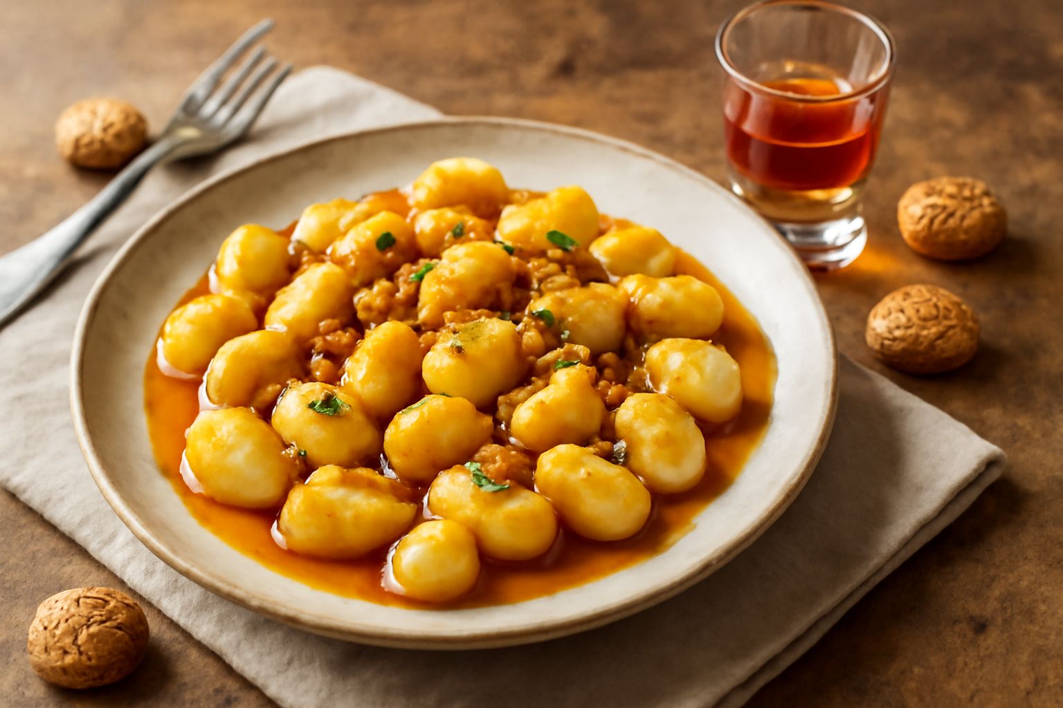 Bottiglia di vetro scuro con liquore d'amaretto di colore ambra dorato, tappata con sughero, circondata da noccioli di albicocca aperti su un fondo di legno rustico. Luce calda che illumina il liquido