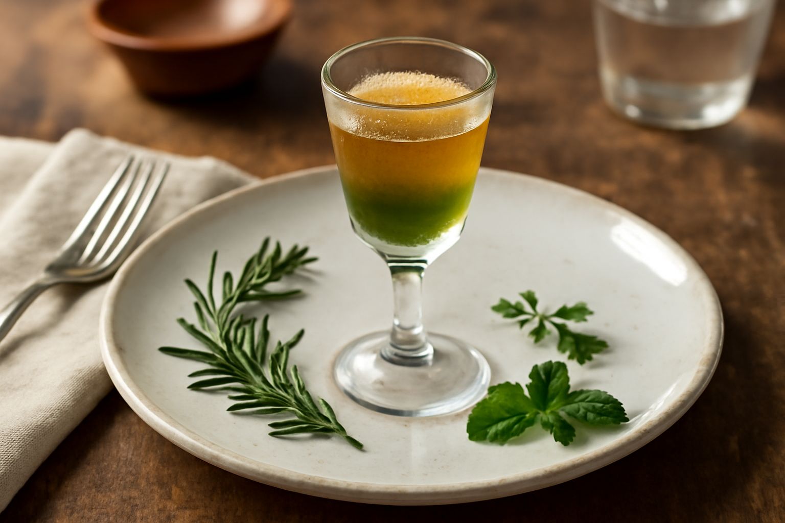 Bicchiere trasparente con liquore dorato-verdastro, guarnito con rametto di rosmarino fresco; sullo sfondo, bottiglie di vetro scuro e fascetto di erbe secche montane su tavolo in legno