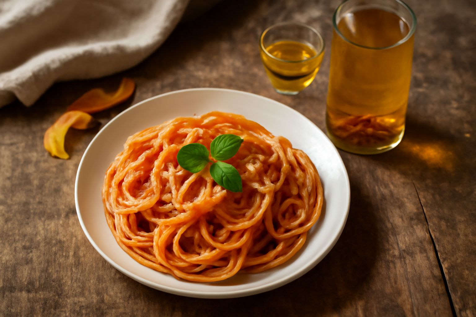 Bottiglia di vetro trasparente con liquore di colore giallo-ambrato, bucce di agrumi secche sul fondo, etichetta artigianale, sfondo con limoni freschi e rametti di limone selvatico