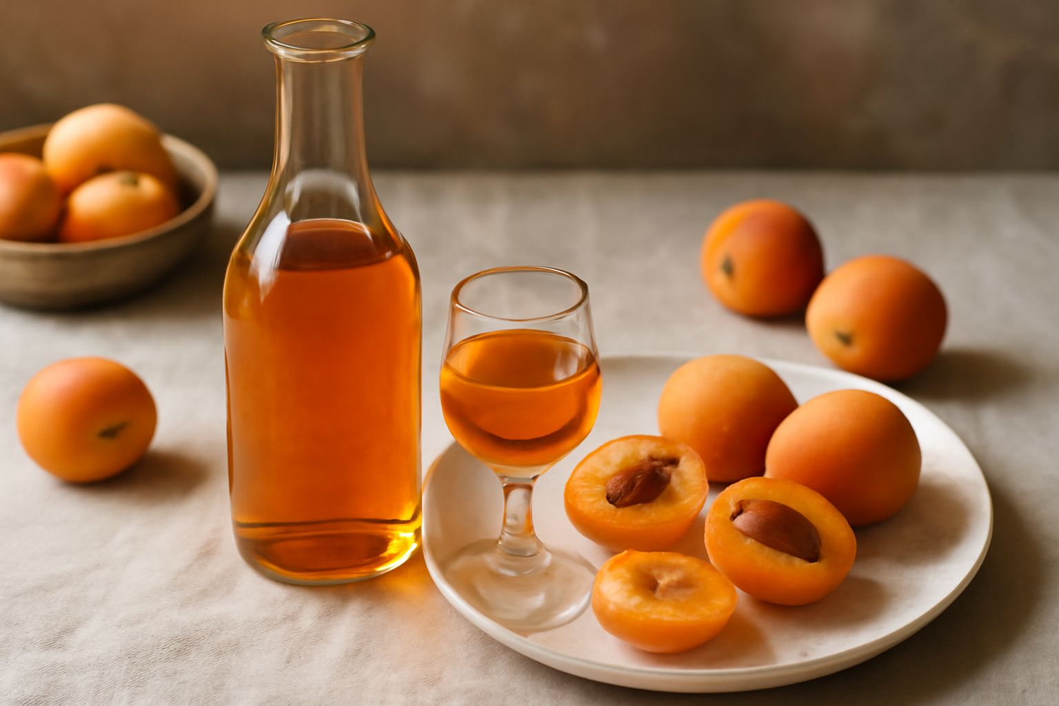 Bottiglia di vetro scuro con liquore arancione dorato, circondato da albicocche fresche gialle e tagliate, cucchiai d'argento e un bicchierino di cristallo con il liquore servito