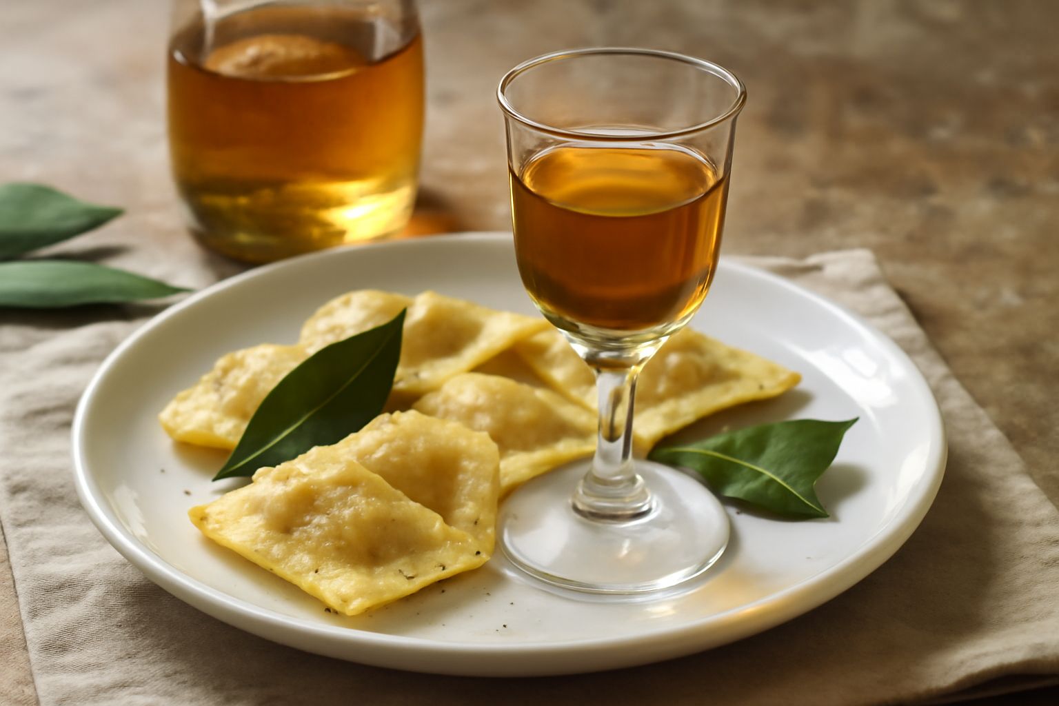Bicchiere di vetro trasparente con liquore di alloro giallo ambrato, foglie di alloro fresco accanto e una bottiglia scura sullo sfondo