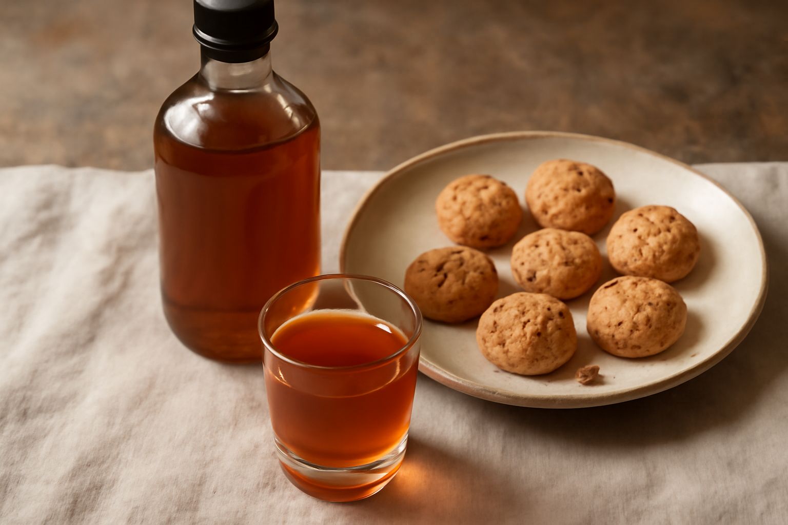 Bottiglia di vetro scuro piena di liquore marrone ambrato, trasparente, con il tappo di sughero. Un amaretto intero appoggiato accanto. Sfondo di legno scuro. Luce naturale che fa brillare il liquore.