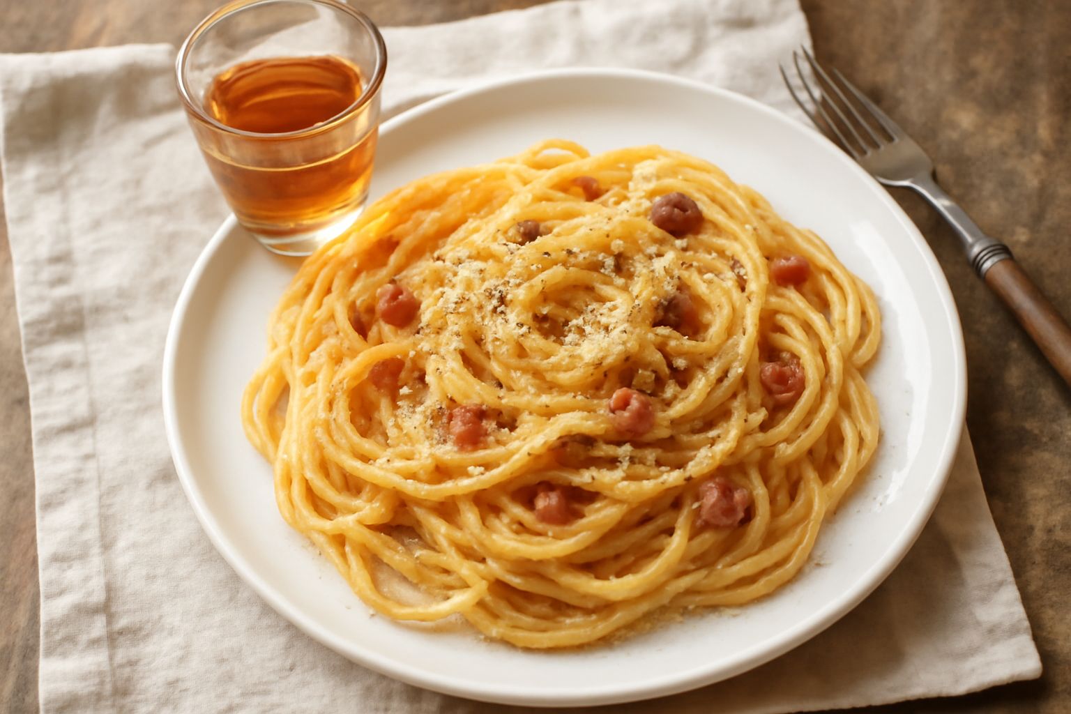 Bicchierini trasparenti con liquore di amaretto color ambrato chiaro, poggiati su un tavolo di legno scuro, con una bottiglia di vetro sullo sfondo e mandorle sgusciate intorno