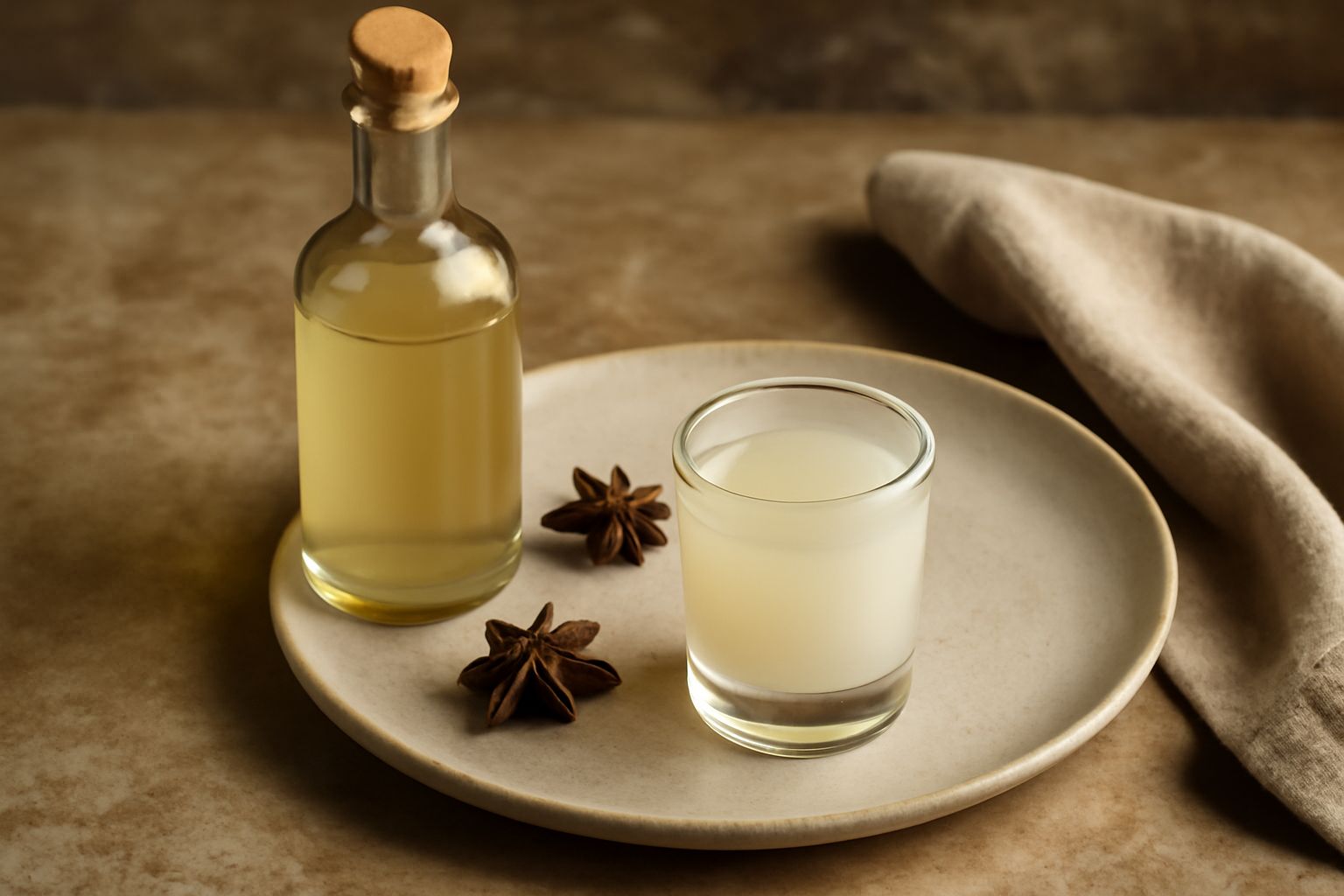Bicchiere trasparente con liquore di anice limpido e incolore, riflesso della luce, su sfondo bianco, accanto a semi di anice stellato e verde sparse sul tavolo