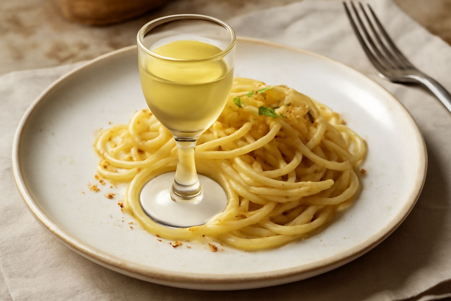 Bottiglie di vetro trasparente con liquore di anice molisano di colore giallo pallido, semi di anice scuri visibili sul fondo, servito in bicchierini su tavolo di legno scuro con limone a fette accant