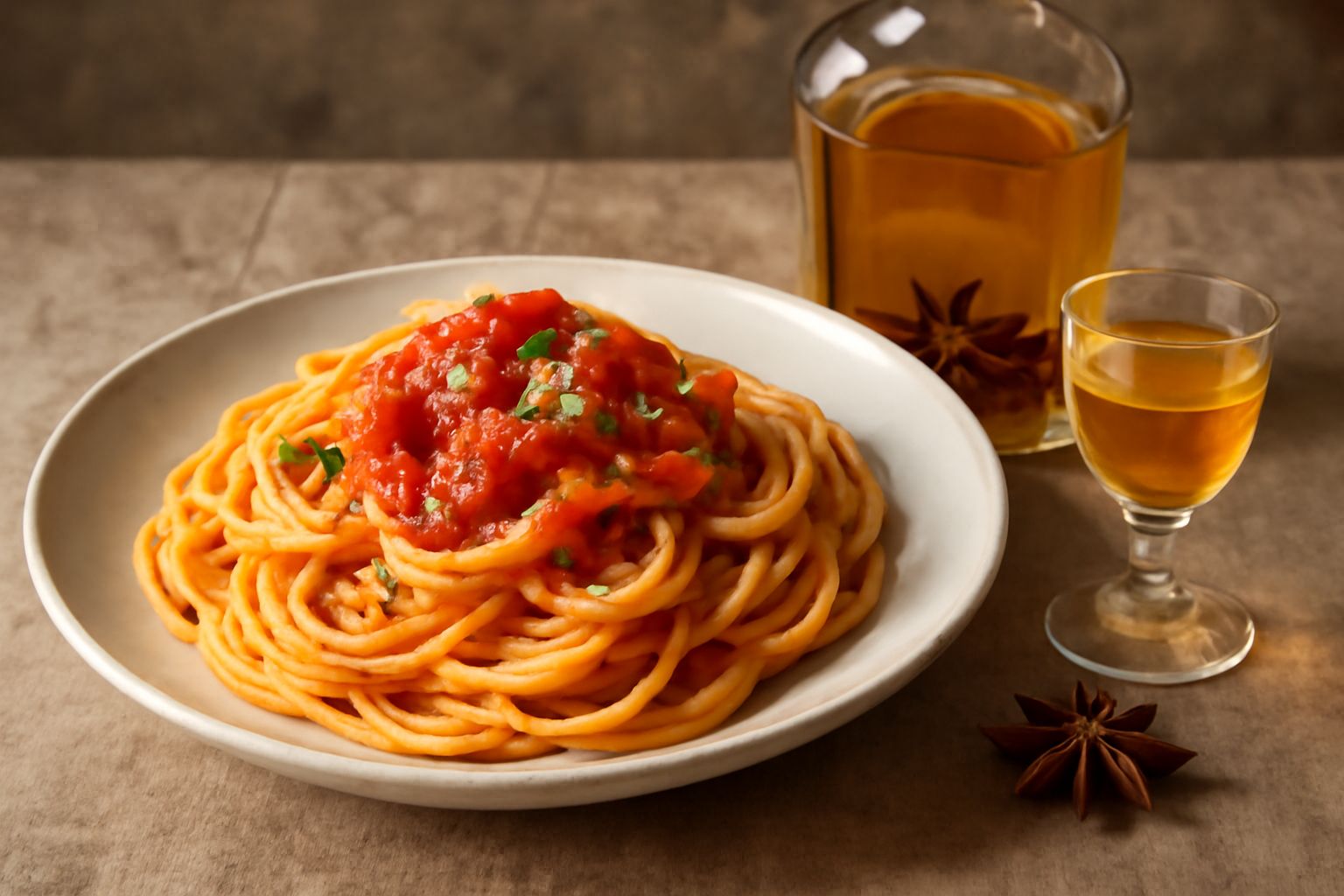 Bicchiere di cristallo con liquore di anice stellato trasparente e ambrato, con una stella di anice intera sul fondo, su sfondo bianco e una bottiglia di vetro scuro sfocata dietro