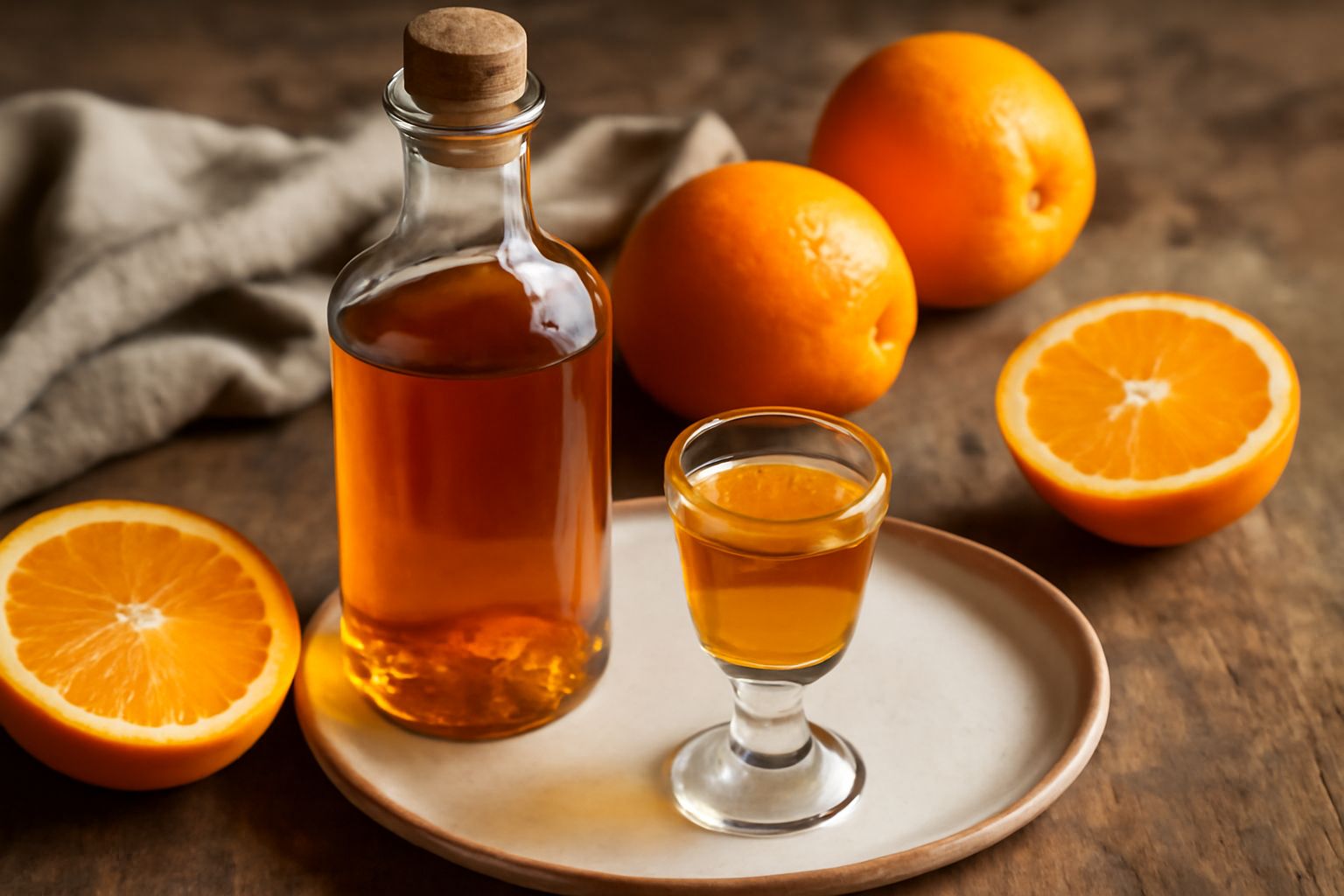 Bottiglie di vetro trasparente piene di liquore di arance dal colore ambrato dorato, circondate da scorze d'arancia fresche, con tappi di sughero su un tavolo di legno chiaro