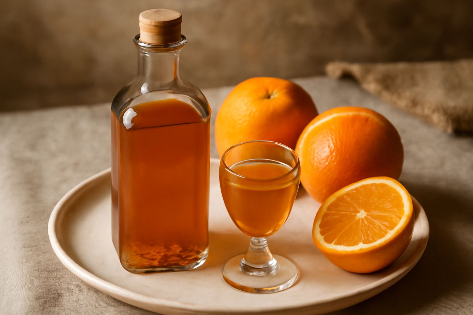 Bottiglia di vetro con liquore di arancia trasparente di colore ambrato, con scorze d'arancia intorno e luci calde sullo sfondo