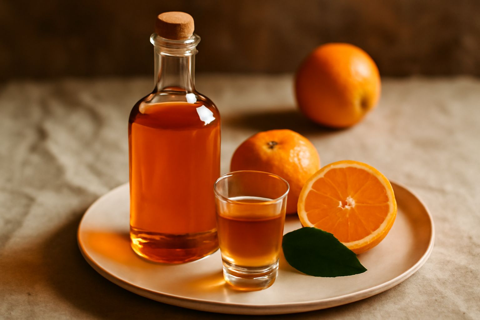 Bottiglia di vetro con liquore di arancio color ambrato trasparente, con scorze d'arancia fresca accanto su tavolo di legno, luce naturale