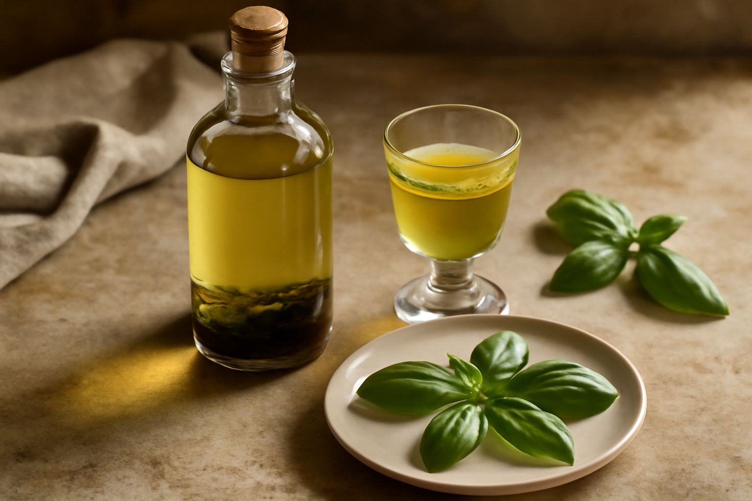 Bottiglia di vetro con liquore di basilico di colore verde chiaro, circondata da foglie fresche di basilico verde su sfondo bianco, raggi di luce che attraversano il vetro