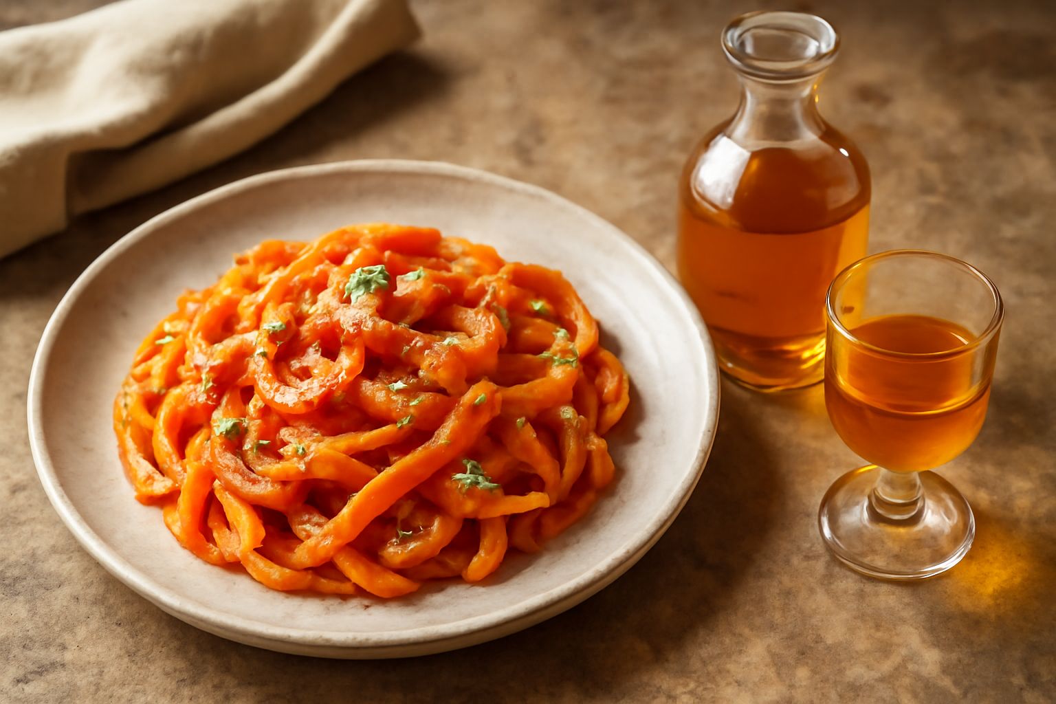 Bottiglia di vetro scuro contenente liquore di bergamotto color oro ambrato, con alcuni bergamotti freschi gialli accanto e un bicchierino da liquore con il liquore finito, su sfondo di lino naturale