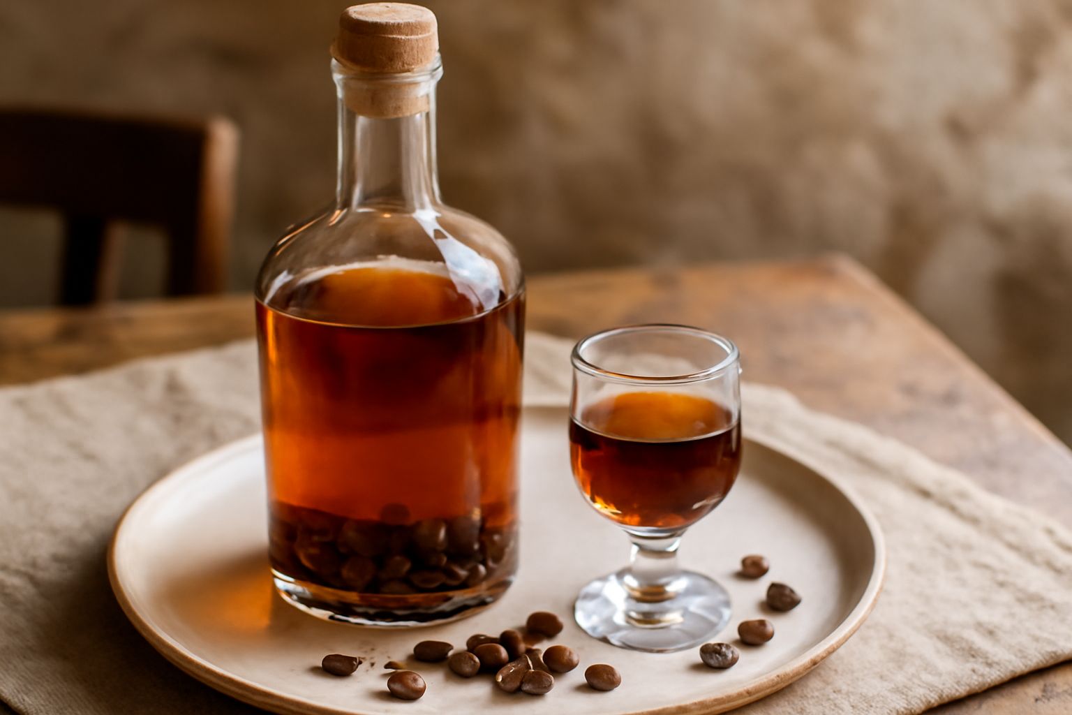 Bottiglia di vetro scuro con liquore di caffè color ambra carico, con caffè in grani depositati sul fondo, tappo di sughero naturale, sfondo legno scuro con tazza di caffè accanto