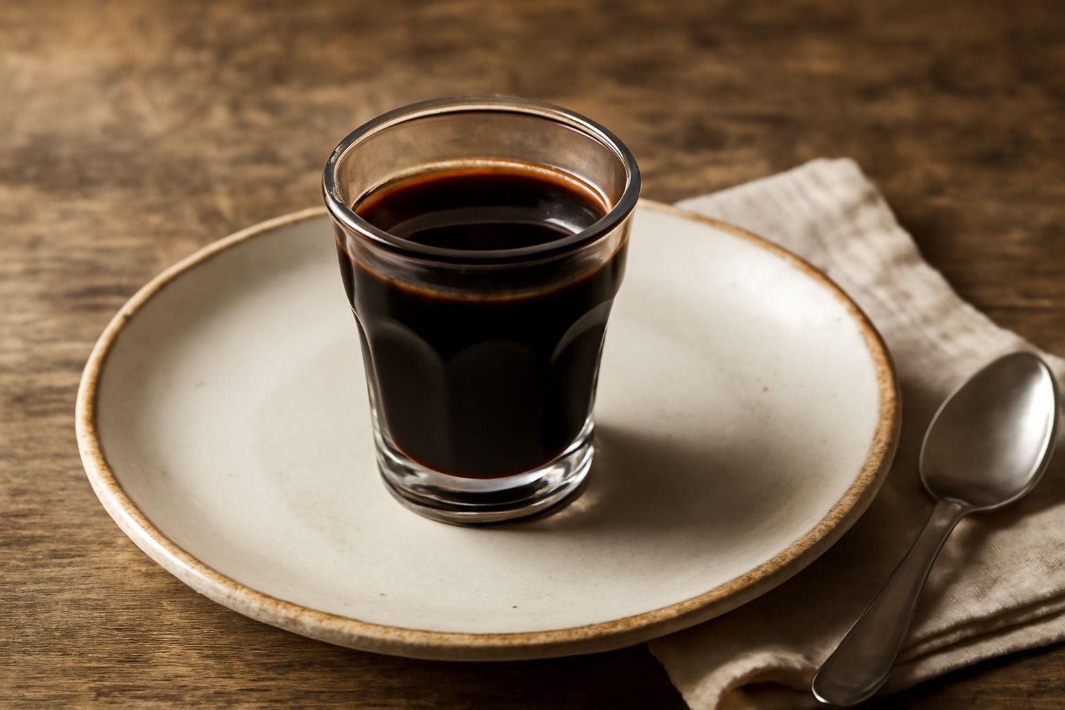 Bicchierini di vetro trasparente pieni di liquore di caffè scuro e denso, con riflessi marroni intensi, posizionati su un tavolo di legno accanto a chicchi di caffè sparsi e una caffettiera tradiziona