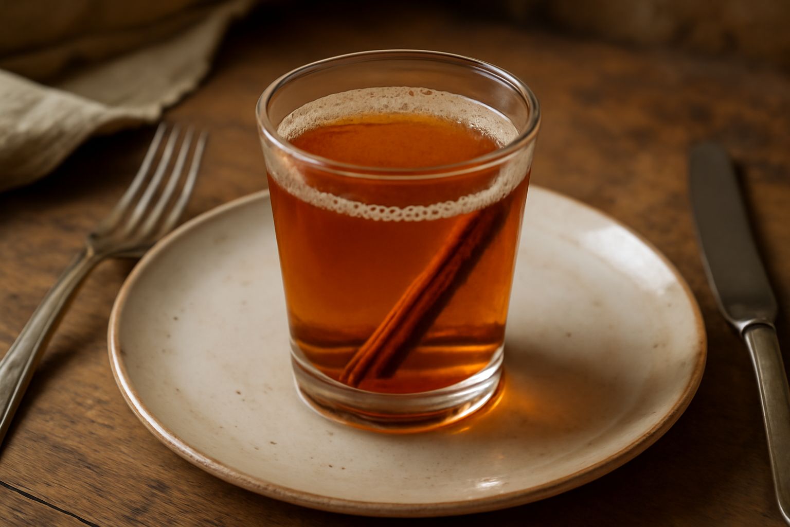 Bicchiere di liquore color ambra con riflessi dorati, contenente stecca di cannella, su tavolo di legno scuro con bottiglia di vetro trasparente sullo sfondo