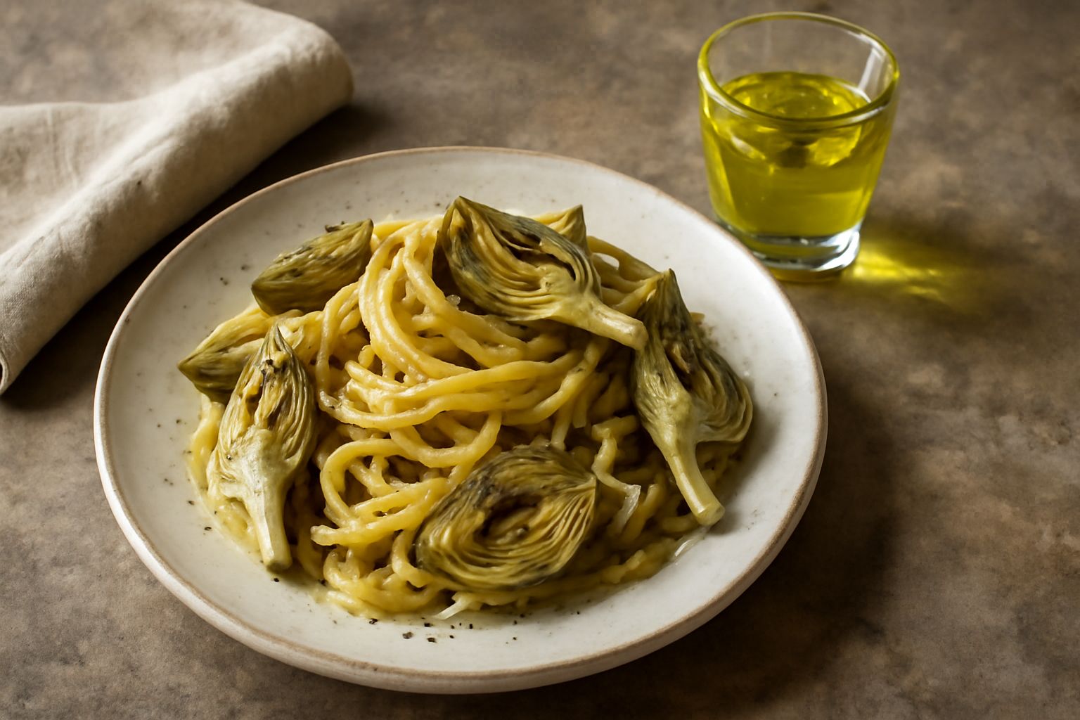 Bicchiere trasparente con liquore di carciofo di colore giallo-verdognolo, con sfumature dorate, servito a temperatura ambiente su tavolo di legno. Accanto un carciofo fresco tagliato a metà e una bot