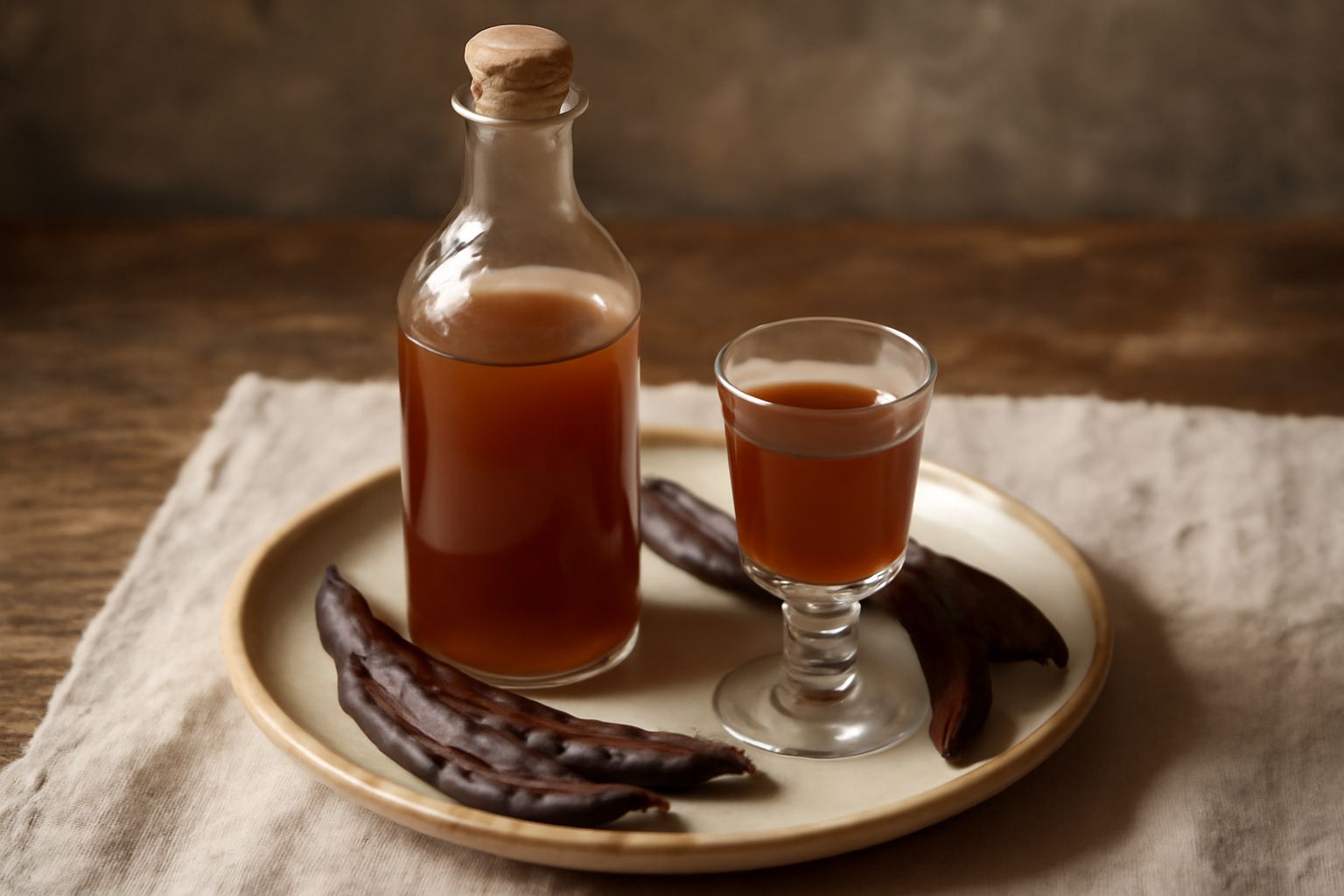 Bottiglia di vetro scuro con liquore di carrube di colore marrone dorato opaco, accompagnato da baccelli di carruba secchi e un bicchierino di vetro trasparente contenente il liquore, su sfondo neutro