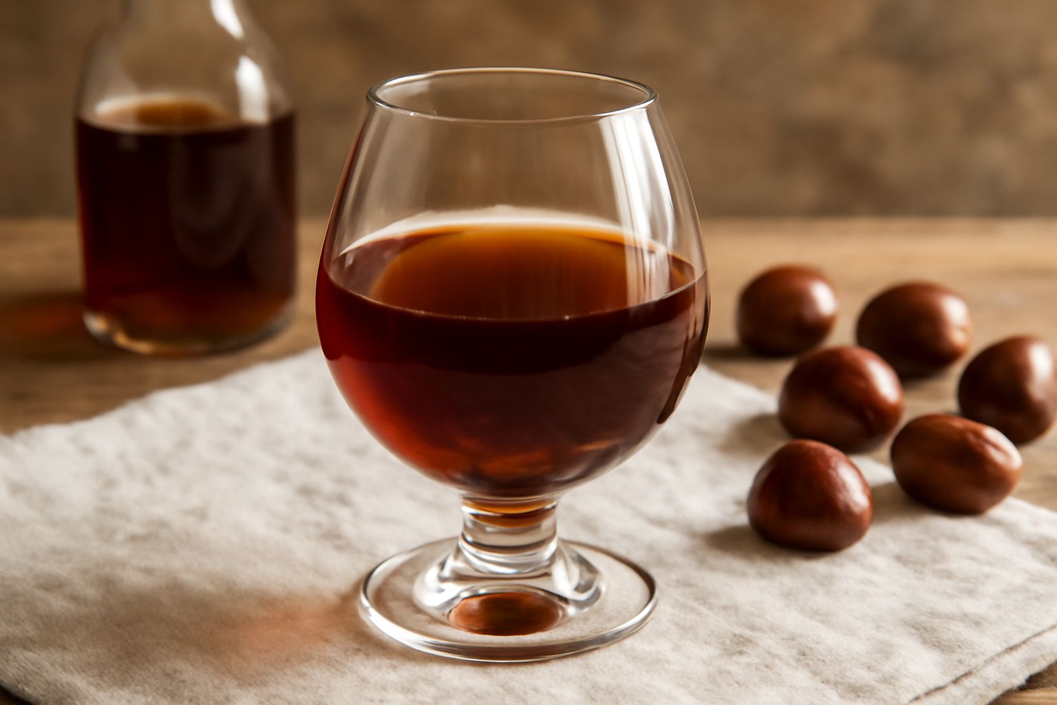 Bicchiere basso con liquore di castagna color ambrato carico, traslucido, con castagne spezzate intorno su fondo di legno scuro. Sfondo sfocato con le castagne fresche nel loro riccio spinoso