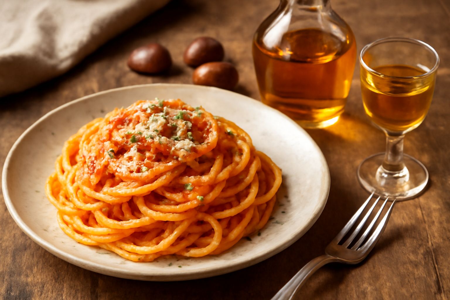 Bicchiere snifter con liquore di castagne dorato-ambrato trasparente, con riflessi luminosi, accanto a castagne intere e un flacone di vetro scuro con infusione in corso su fondo di legno chiaro