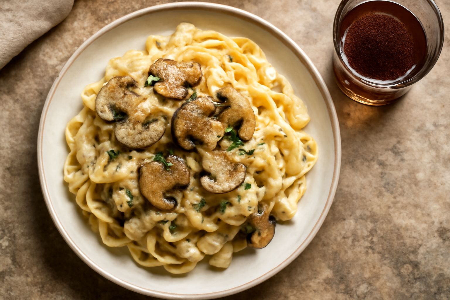 Bicchiere con liquore di castagno di colore ambrato scuro, con castagne fresche intorno alla base, su superficie di legno rustico con bottiglia di vetro sullo sfondo