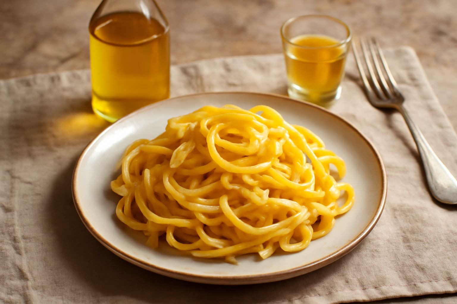 Bottiglia di vetro trasparente con liquore di cedro giallo ambrato, accanto a cedri freschi con foglie verdi e una piccola coppa di vetro con il liquore servito