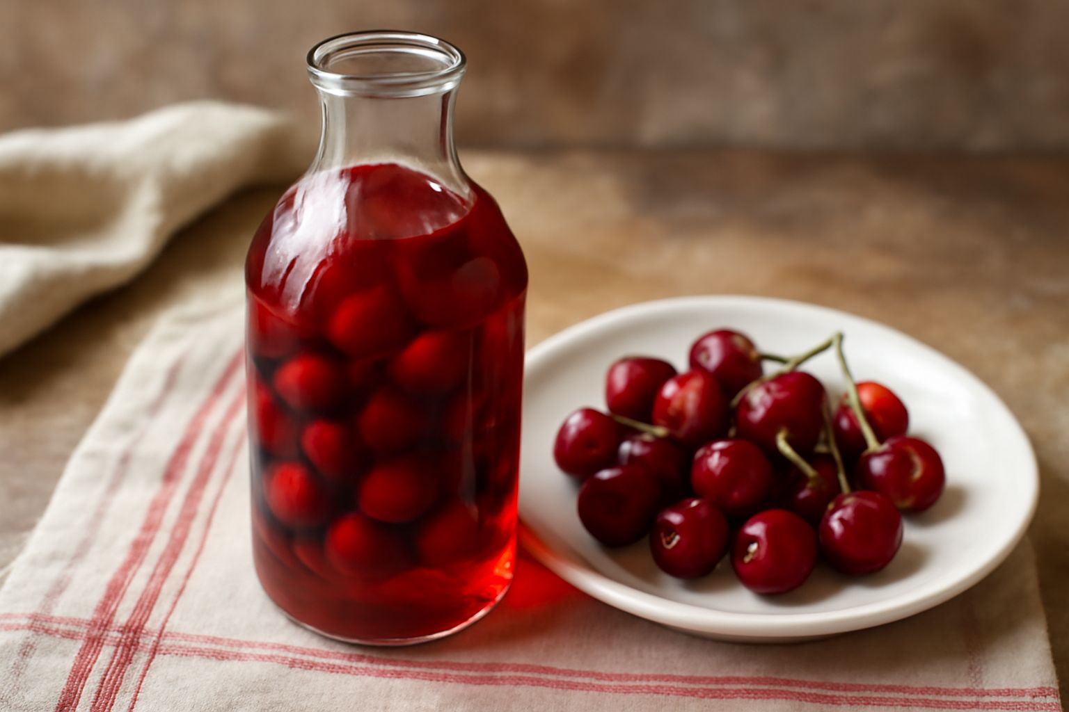 Bottiglia di vetro con liquore di ciliege di colore rosso rubino trasparente, ciliege scure visibili dentro il liquido, tappo di sughero, sfondo bianco