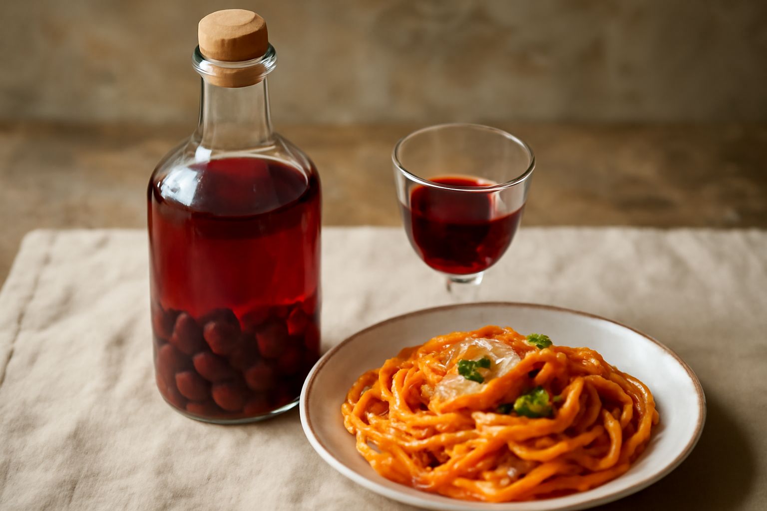 Bottiglia di vetro trasparente riempita di liquore di ciliegia dal colore rosso profondo, con ciliegie scure intere visibili dentro il liquido, chiusa con tappo di sughero, accanto a ciliegie fresche 