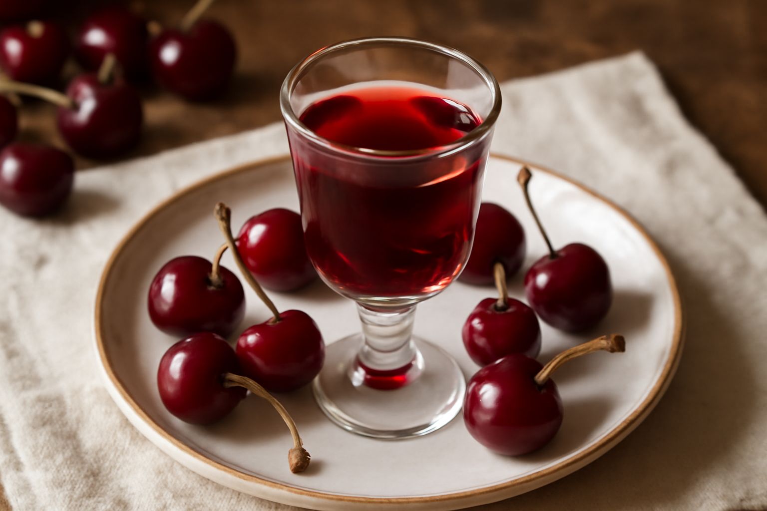 Bottiglia di vetro trasparente riempita di liquore di ciliegie rosso scuro, con ciliegie intere visibili dentro il liquido, tappata con sughero, circondata da ciliegie fresche rosse e qualche foglia v