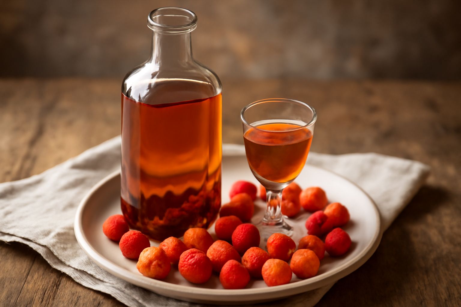 Bottiglie di vetro con liquore ambrato di corbezzoli, frutta rosso-arancione fresca accanto, raggi di sole autunnale che illuminano il preparato