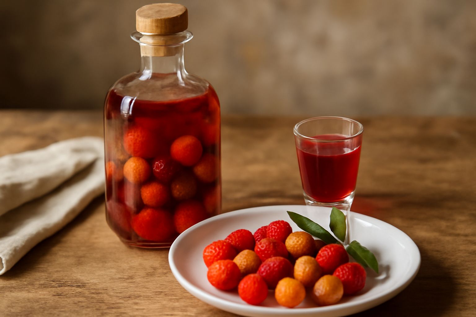 Bottiglia di vetro con liquore rosso-ambrato contenente frutti rossi di corbezzolo interi e un bicchiere da liquore con il digestivo trasparente dorato, sfondo sfocato con foglie verdi