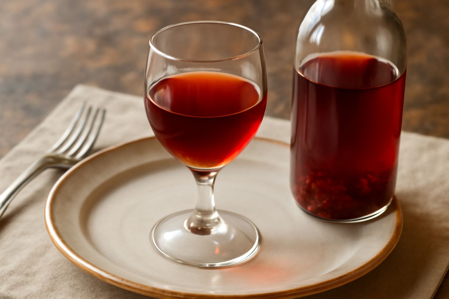 Liquore di corbezzolo rosso scuro in bottiglia di vetro scuro, controsole trasparente, con frutti rossi di corbezzolo freschi accanto e foglie verde scuro sfocate sullo sfondo