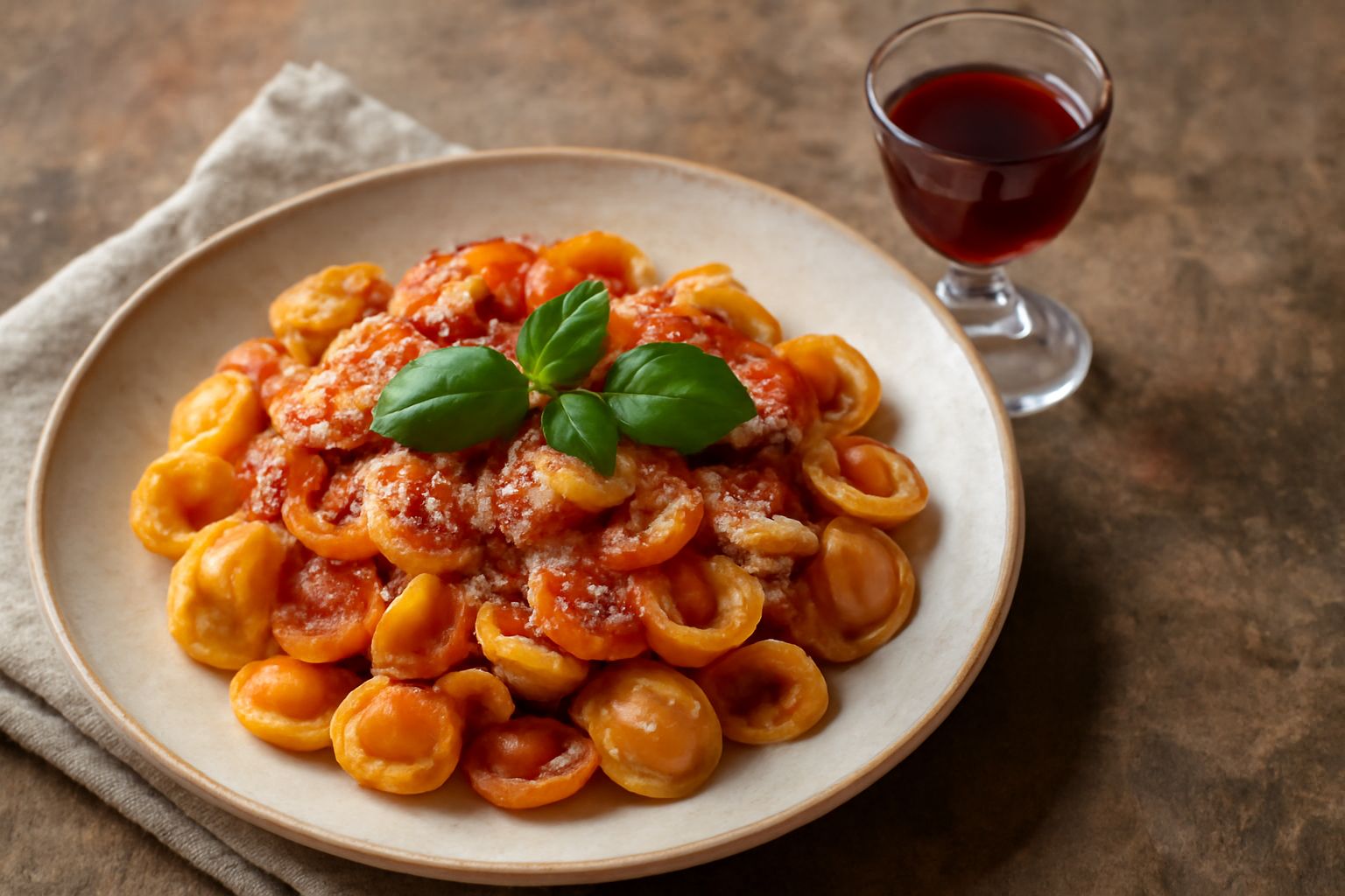 Bicchiere di liquore di corniola color rosso rubino su sfondo bianco, con bacche fresche di corniola rosse accanto e una bottiglietta trasparente di liquore sullo sfondo