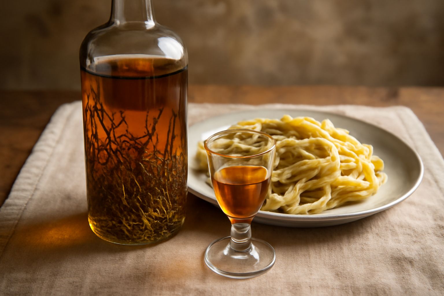 Bottiglia di vetro scuro con liquore ambrato e rametti di erbe selvatiche dentro, etichetta artigianale, su fondo di legno rustico con erbe fresche accanto
