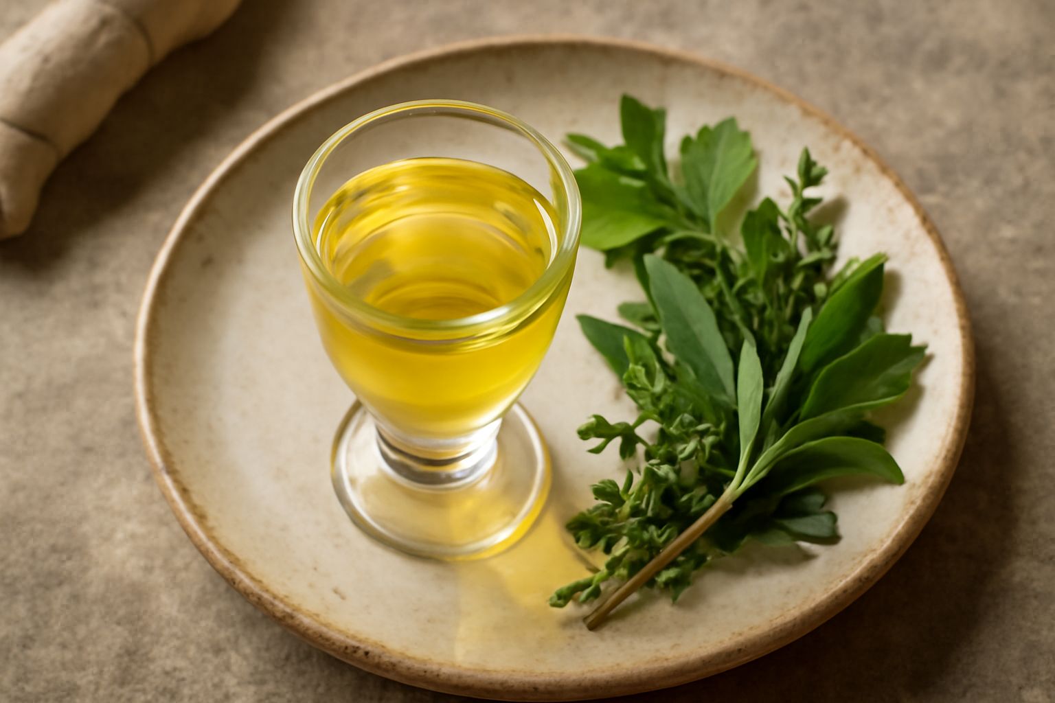 Bottiglia di vetro con liquore trasparente color giallo paglierino, circondata da rametti di menta, melissa e altre erbe verdi fresche su tavolo di legno