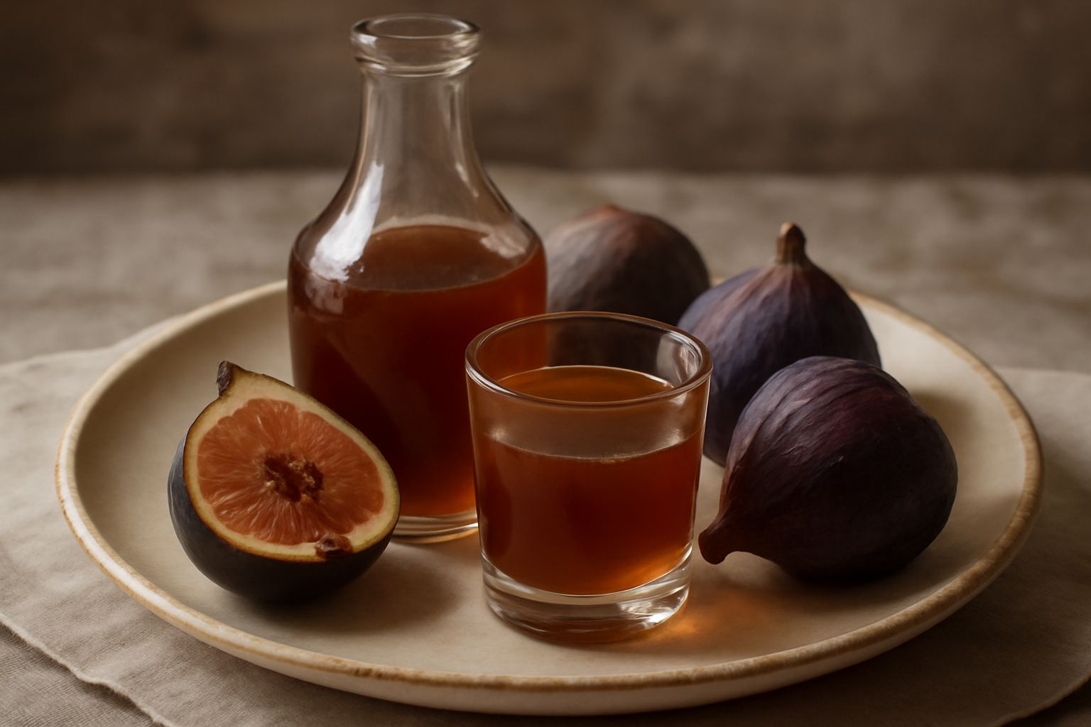 Bicchiere di cristallo contenente liquore di fichi di colore ambrato scuro, con riflessi dorati alla luce, posato su un tavolo di legno accanto a tre fichi secchi interi