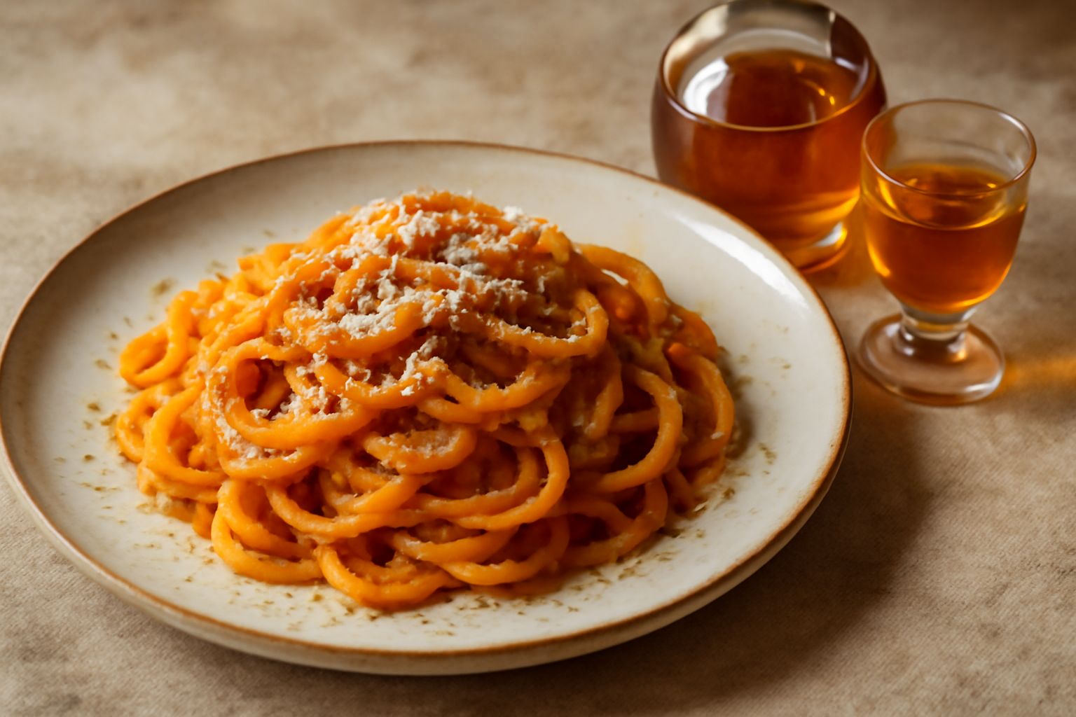 Bicchiere di liquore ambrato trasparente con riflessi dorati, accanto a due fichi d'India interi con pelle gialla e rossa, su superficie bianca con foglie verdi sparse