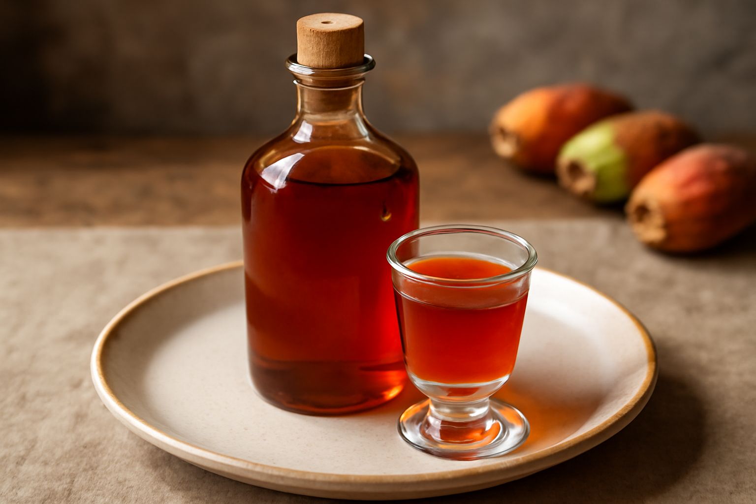 Bottiglia di vetro trasparente con liquore di fichidindia di colore rosso rubino, con alcuni frutti maturi di fichidindia accanto, sfondo sfumato e luce naturale