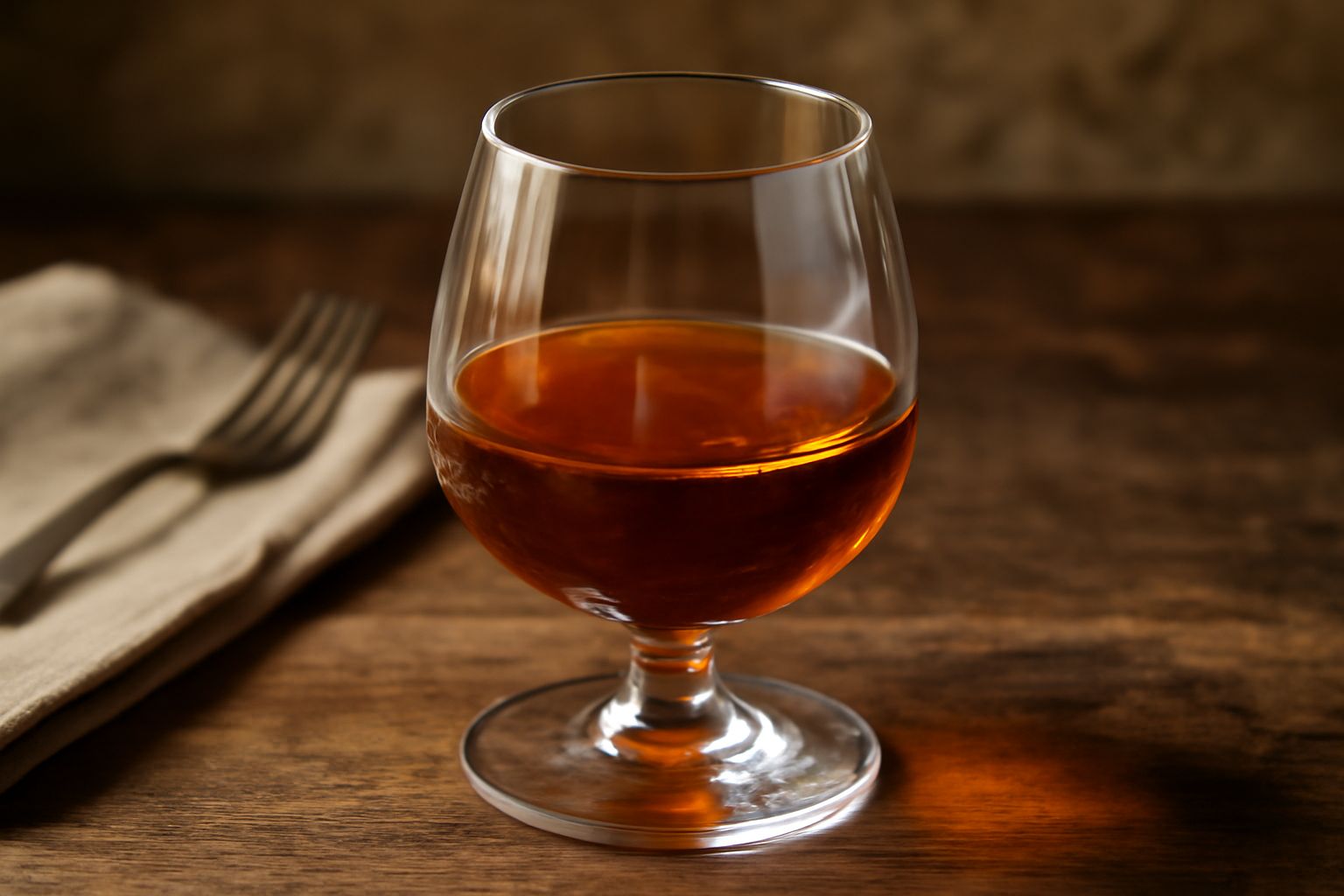Bottiglia di vetro scuro piena di liquore di fico ambrato e trasparente, con fichi freschi viola e foglie verdi accanto, su un tavolo di legno rustico