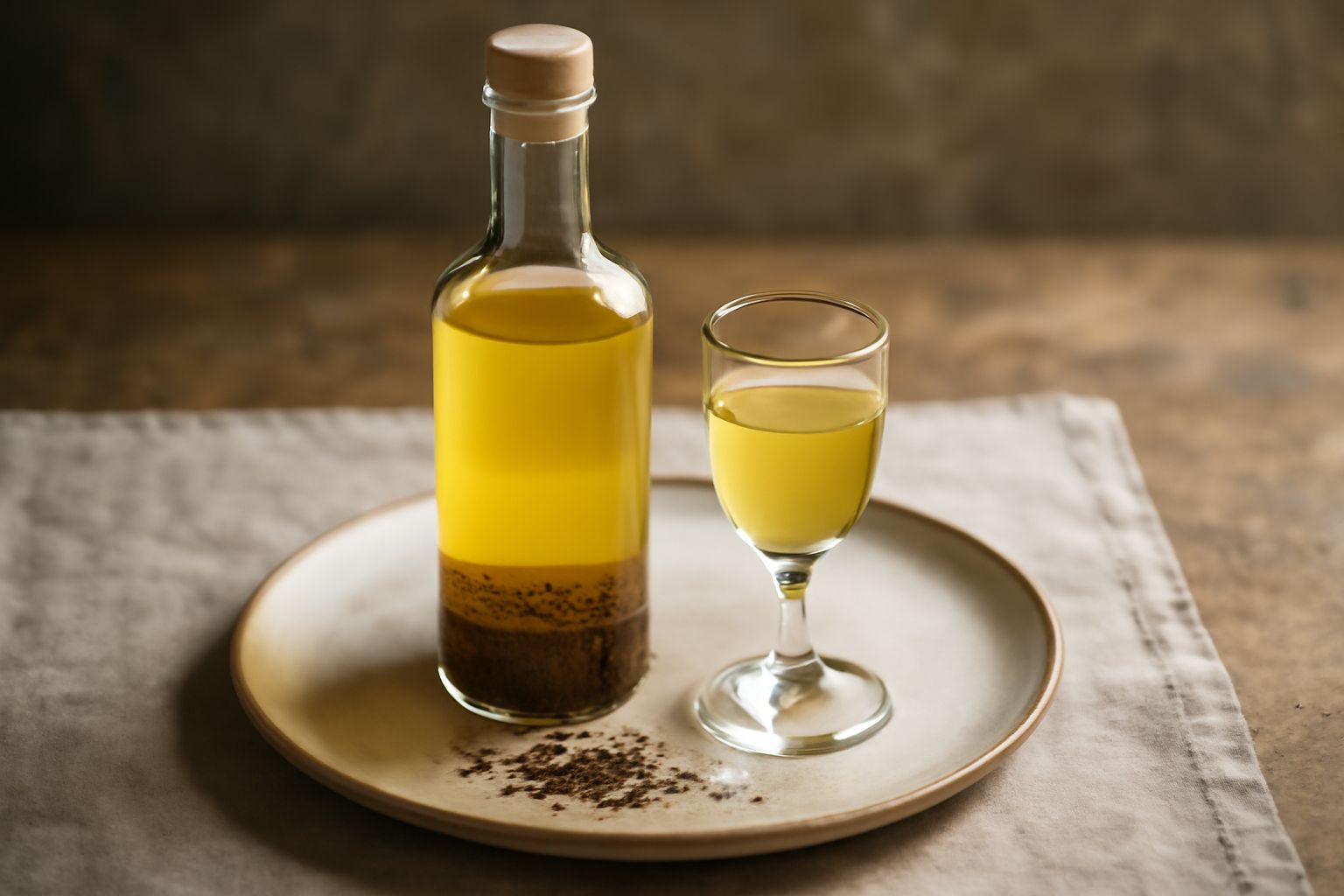 Bottiglia di vetro scuro con liquore di finocchietto dal colore giallo ambra, con semi visibili sul fondo, su uno sfondo di tela lino naturale