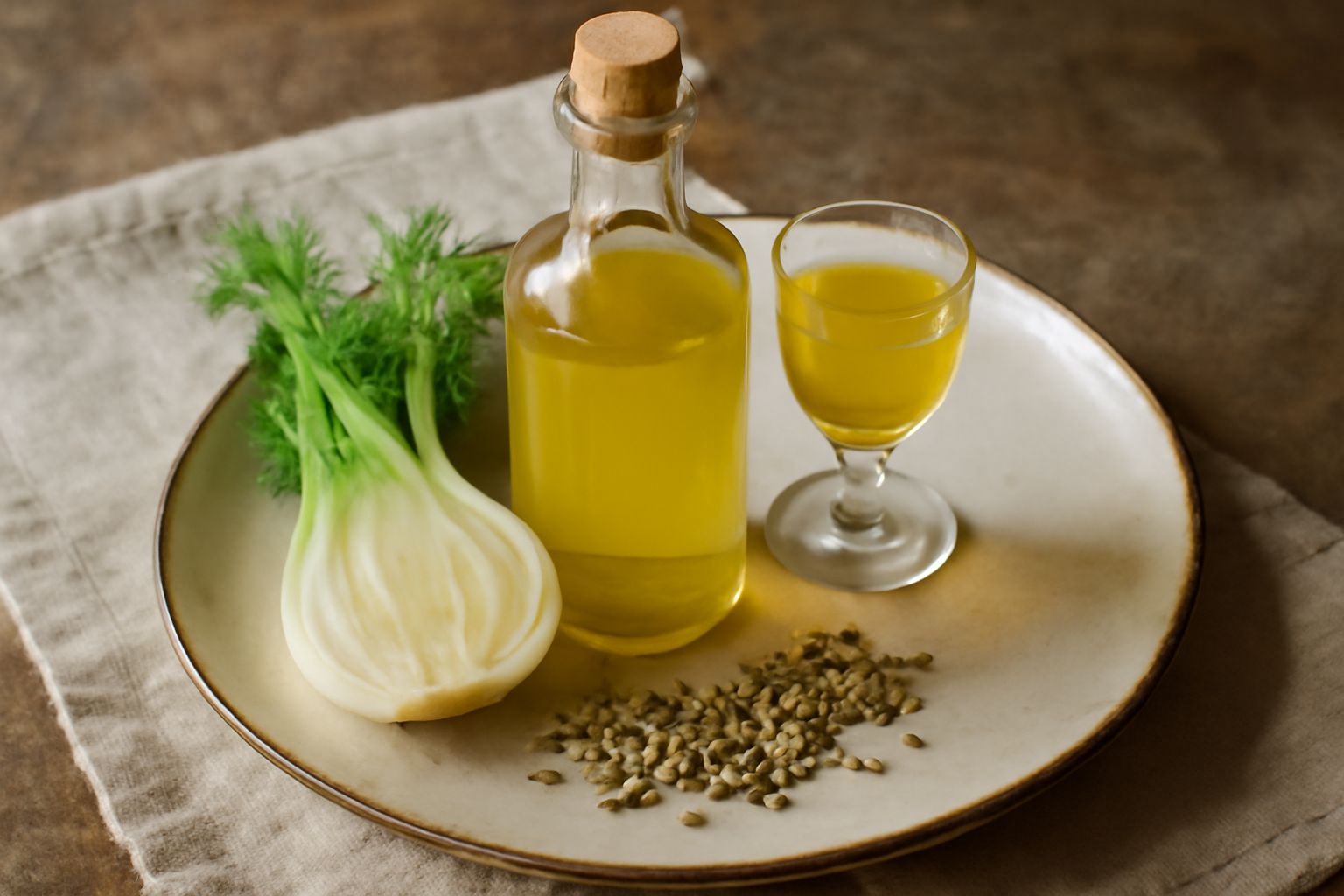Bottiglia di vetro scuro con liquore di finocchio trasparente e ambrato, davanti alcuni semi di finocchio sparsi su tavolo in legno, bicchierino di degustazione accanto, sfondo sfocato con luci tiepid