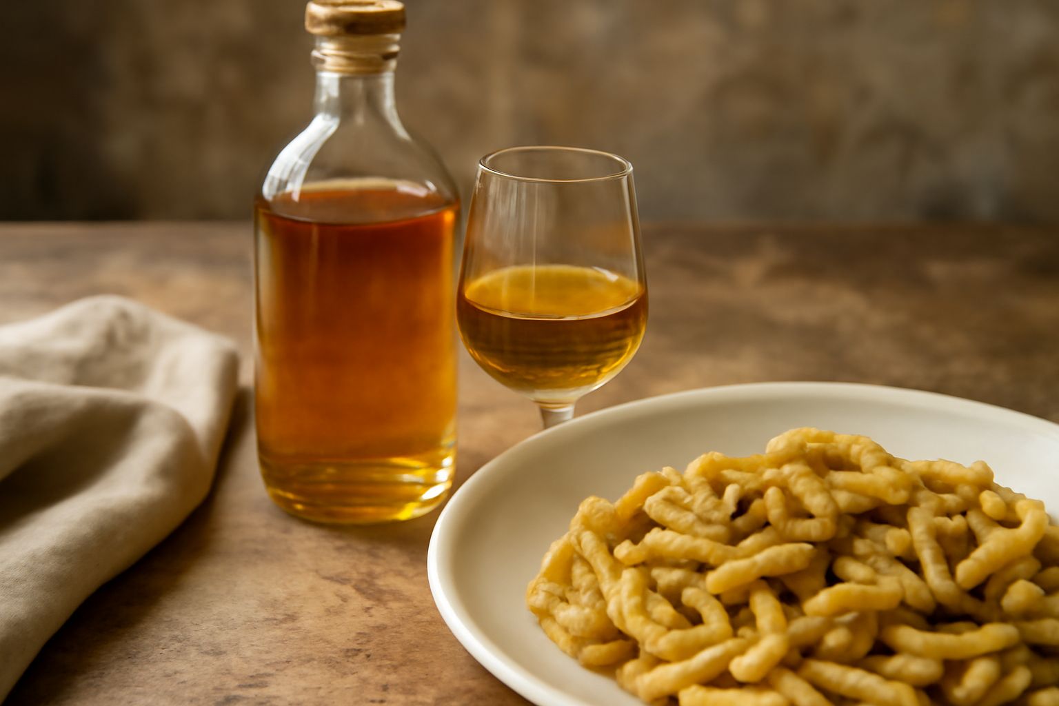 Bottiglia di vetro scuro con liquore trasparente color ambrato, tappo di sughero, accanto fascio di finocchio selvatico con semi verdi su sfondo bianco sfumato
