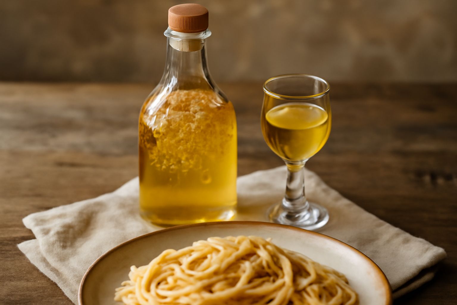 Bottiglia di vetro trasparente con liquore giallo ambrato, fiori di sambuco bianchi sparsi accanto, luce naturale che evidenzia il colore dorato del liquore
