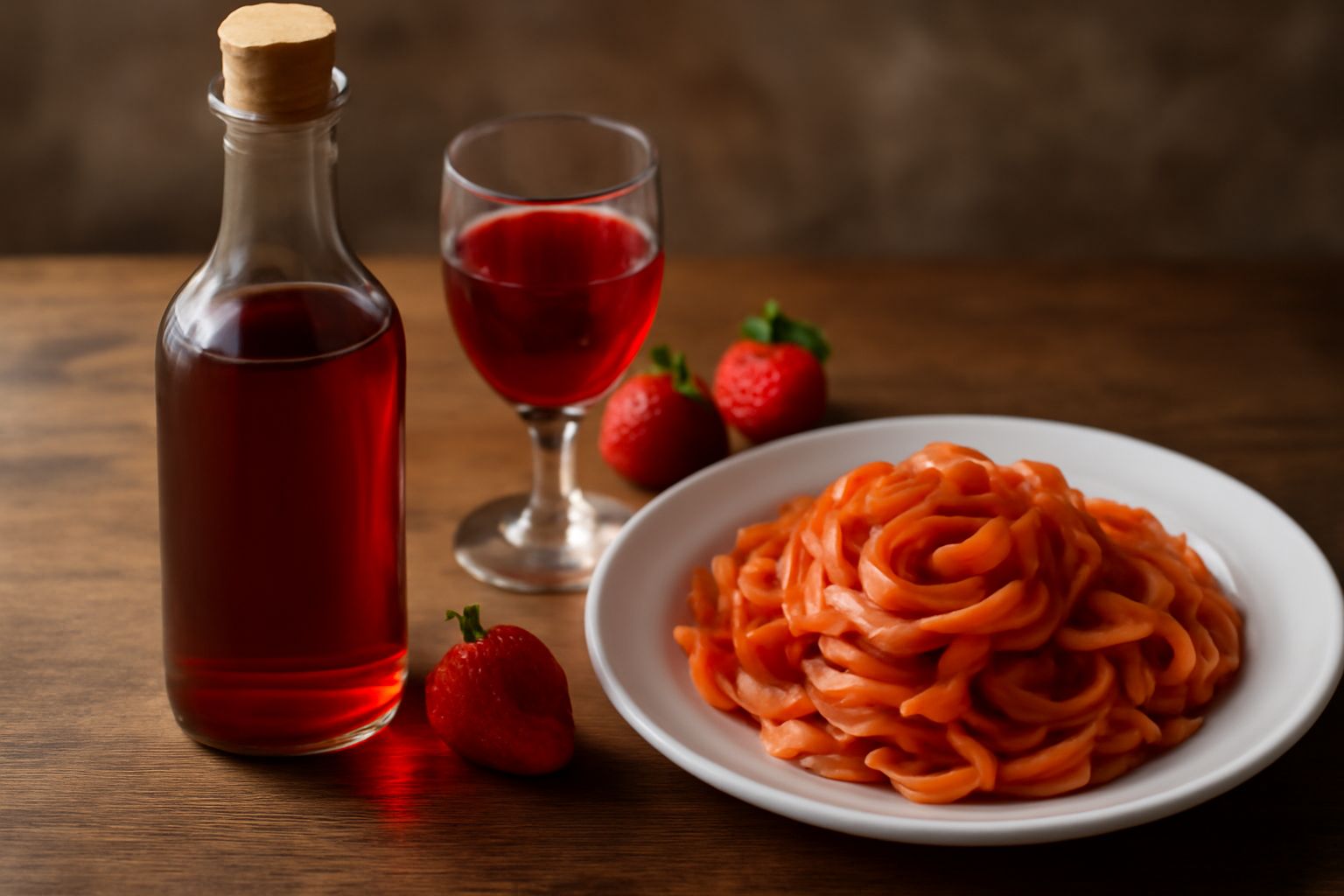 Bottiglia di vetro con liquore di fragola rosso rubino trasparente, decorata con un nastro di stoffa, circondata da fragole rosse fresche e foglie verdi su un piano di marmo bianco