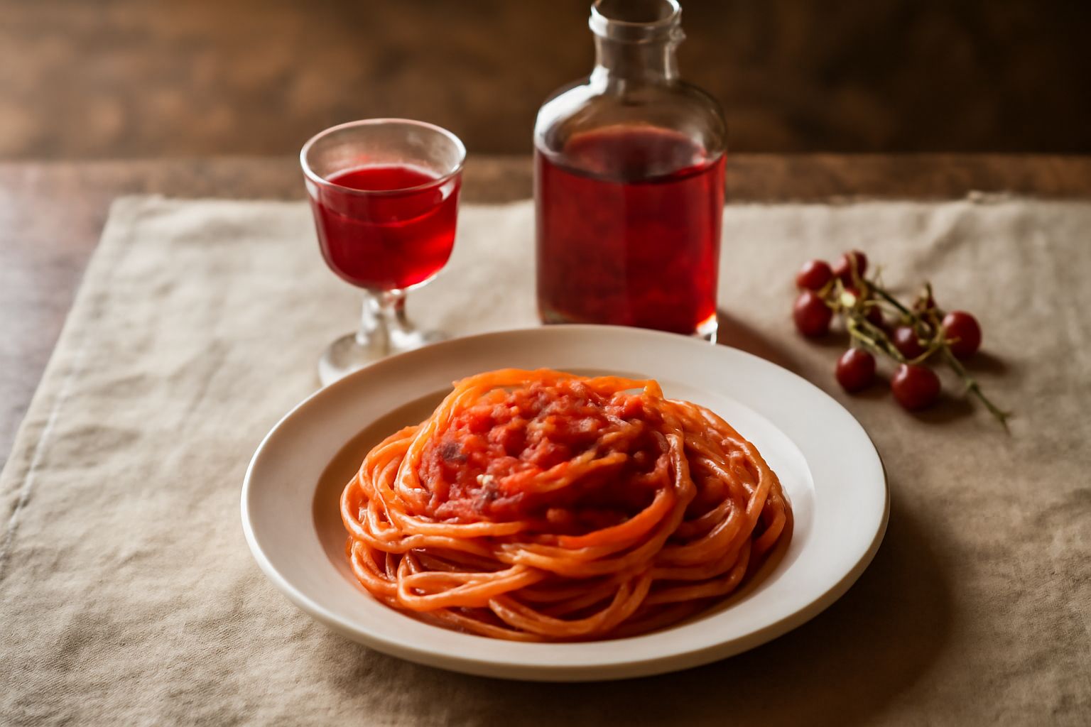 Bottiglia di liquore rosso rubino con fragole di bosco rosse accanto, alcol trasparente in bicchiere piccolo, fragole fresche sul tavolo in legno con luce naturale