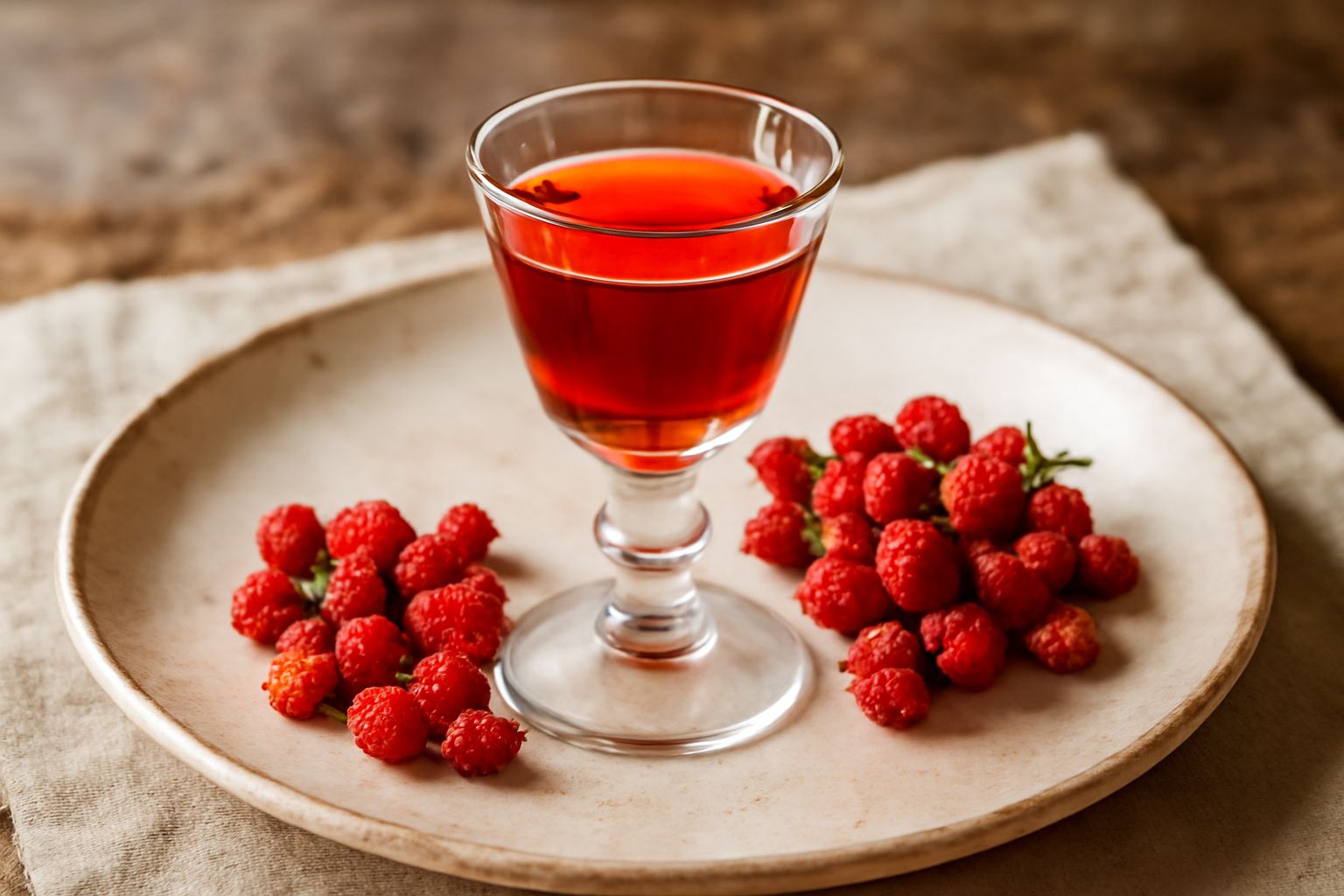 Bicchierino con liquore rosso rubino trasparente, sfondo di fragole selvatiche fresche su un tavolo di legno scuro, bottiglia di vetro con il liquore sullo sfondo sfocato