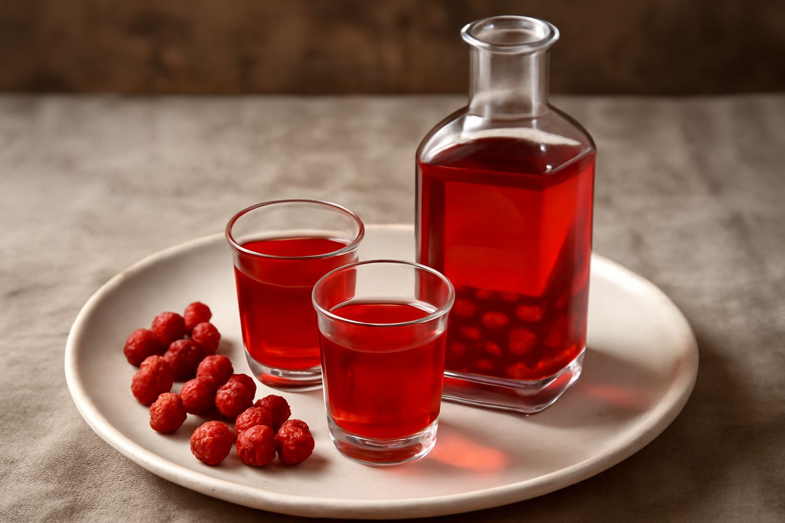 Bottiglia di vetro scuro con liquore rosso rubino trasparente, fragoline rosse sul fondo, tappo in sughero, servito in piccolo bicchierino da liquore su tavolo in legno naturale