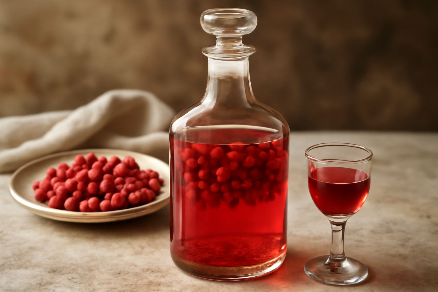 Bicchiere di liquore color rosso rubino con fragoline di bosco fresche sullo sfondo, bottiglie di vetro scuro piene del liquore infuso, luce naturale sul tavolo di legno