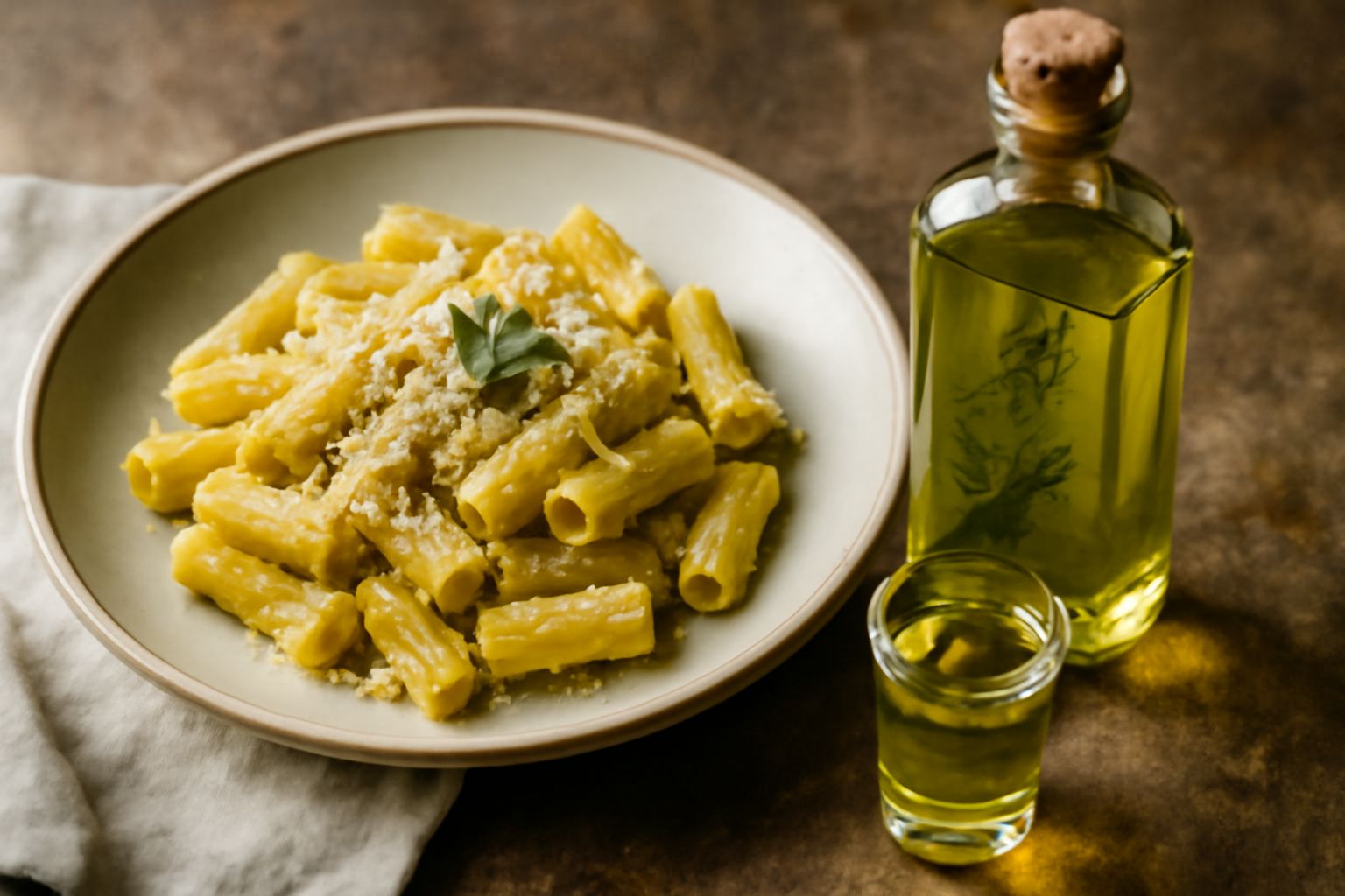 Bottiglia di vetro trasparente riempita di liquore di Genepy giallo-verdognolo, circondata da rametti secchi di artemisia genepy, su un tavolo di legno chiaro con bicchierino da liquore vuoto