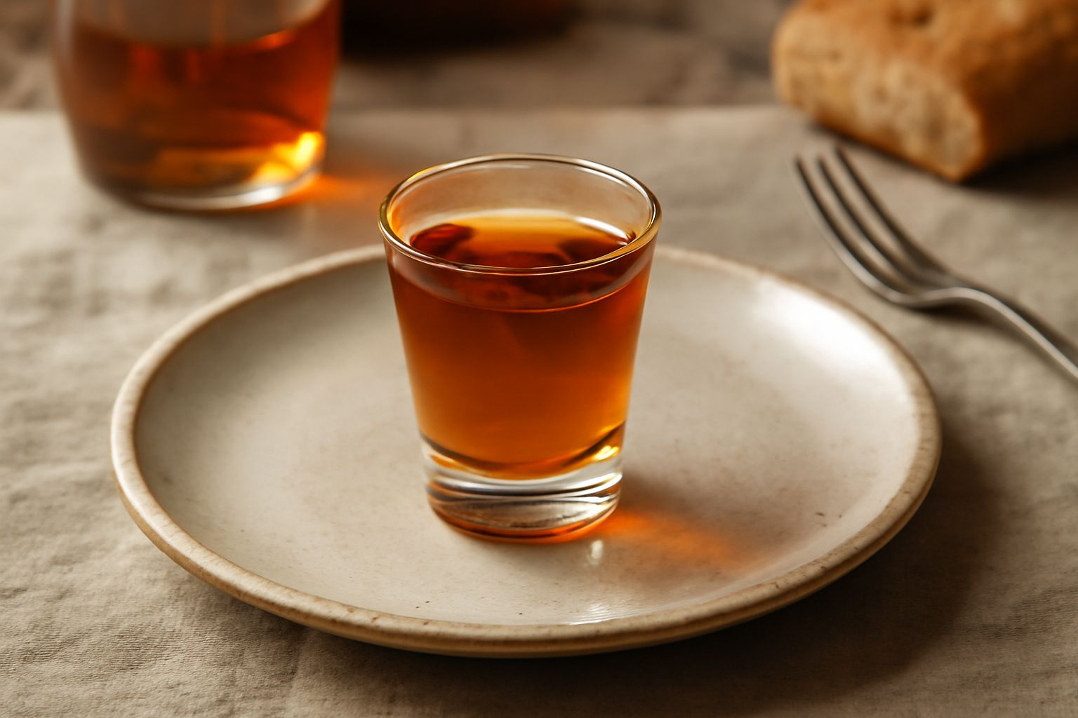 Bicchiere trasparente contenente liquore di genziana dal colore ambrato dorato, con una radice di genziana essiccata poggiata sul bordo e sfondo sfocato di montagne innevate