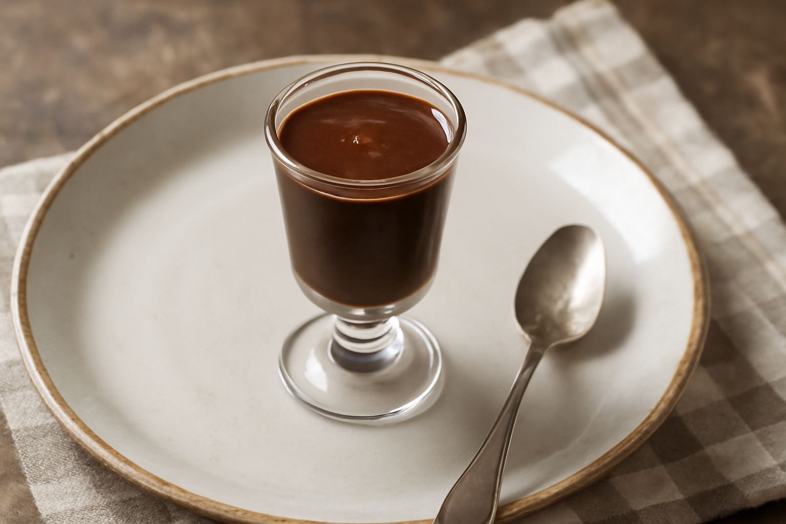 Bicchiere di liquore di gianduja color marrone scuro, cremoso e lucido, su sfondo bianco con una nocciola sgusciata accanto e cucchiaio d'argento