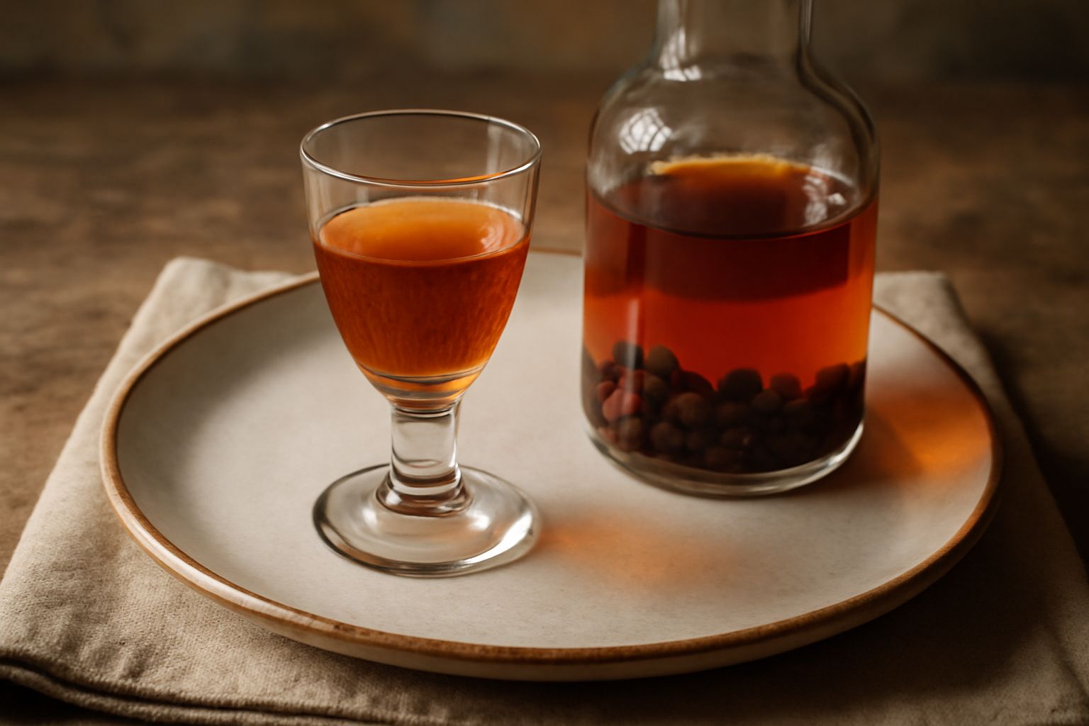 Bottiglie di vetro scuro contenenti liquore di ginepro trasparente con bacche marroni visibili sul fondo, illuminate da luce naturale su un tavolo di legno